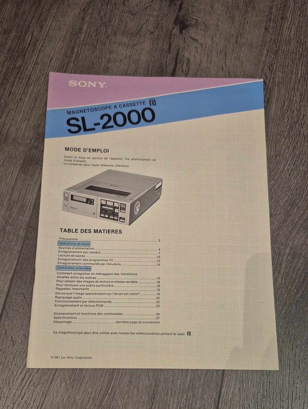 SONY SL-2000 BETAMAX Portable Video Cassette Recorder SL 2000 Vintage Manual